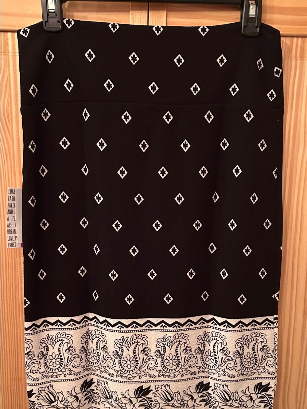 LuLaRoe Black Pencil Midi Skirt with White Geometric & Paisley Border